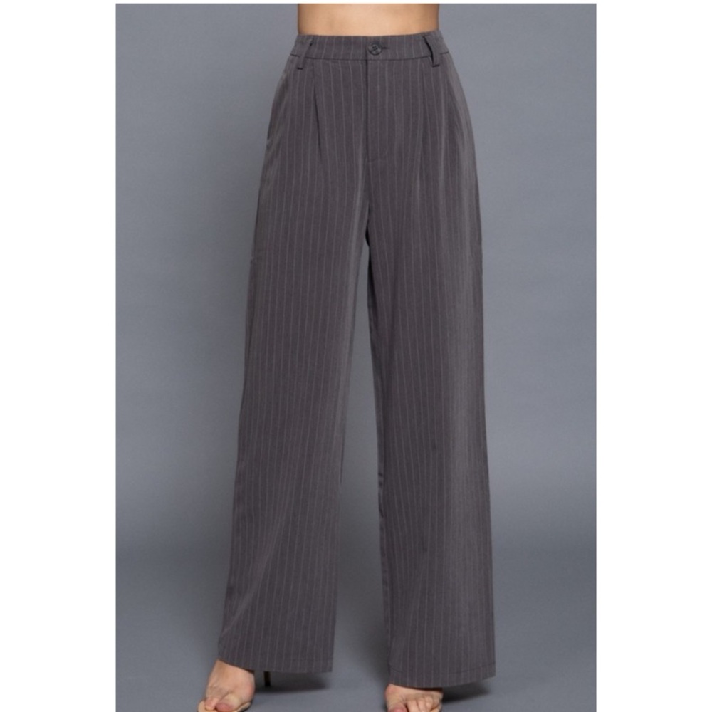 Wide Leg Pinstripe Dress Pants in Charcoal Gray
